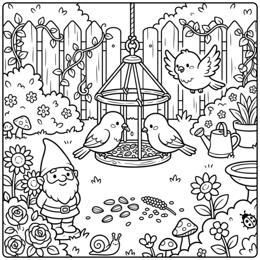 Mooie kleurplaat vogels in de tuin met bloemen en zaden.