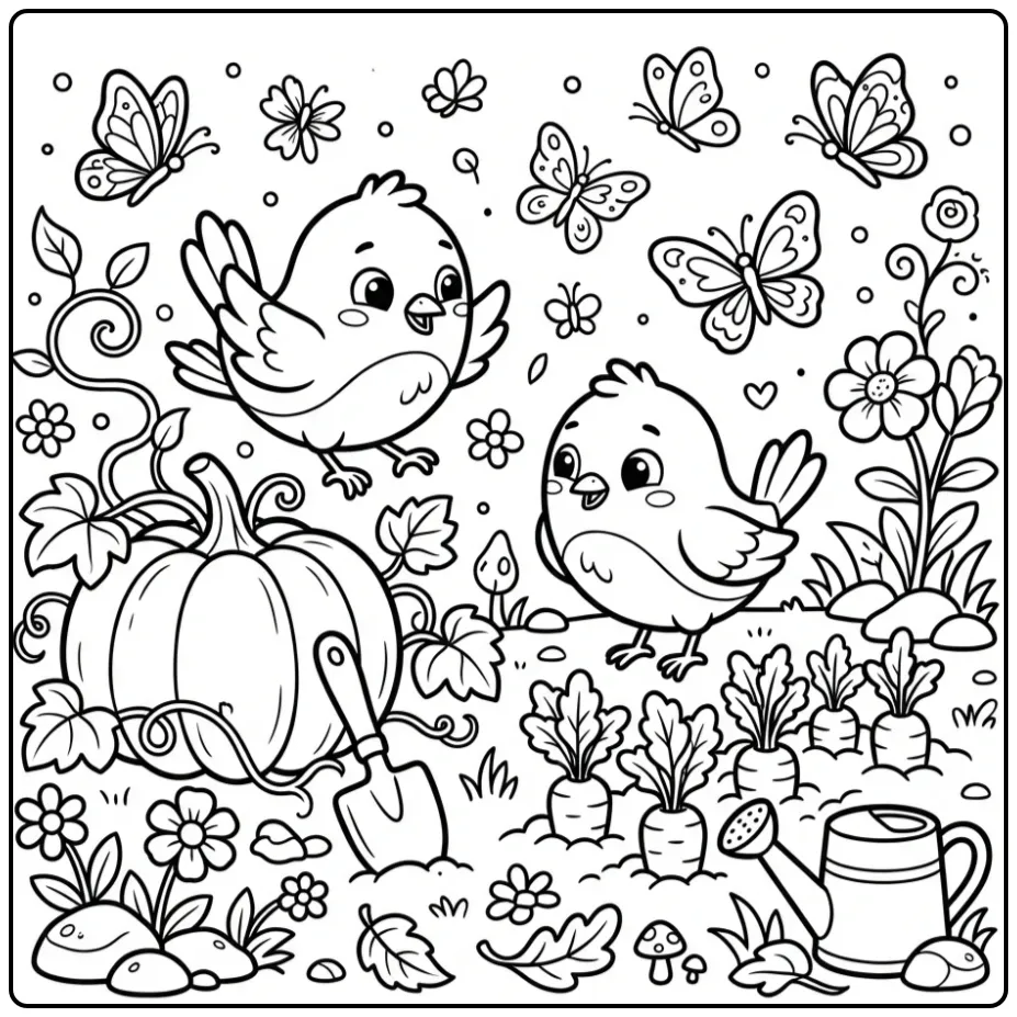 Kleurplaat vogels in de tuin met pompoen en wortels.