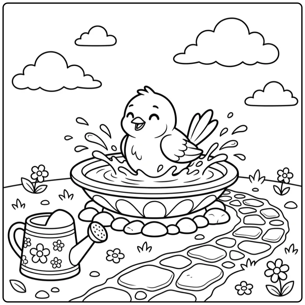 Een vrolijke kleurplaat vogeltjes badderend in een vogelbadje.