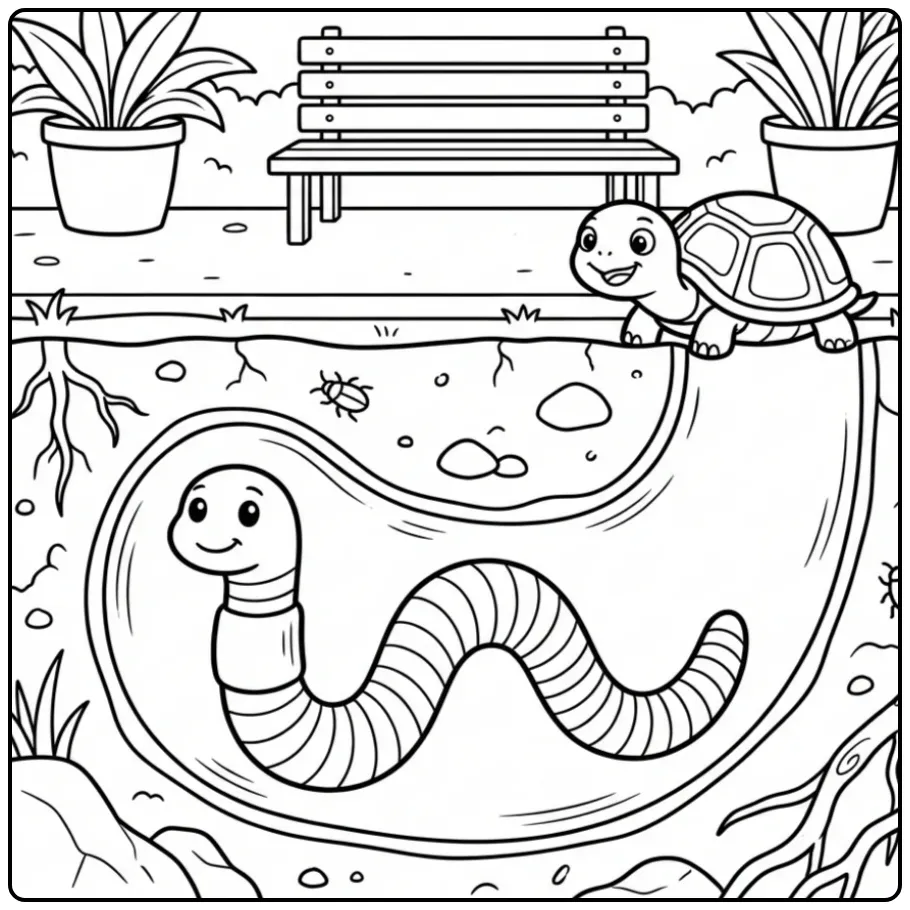 Schattige kleurplaat worm onder de grond met schildpad.
