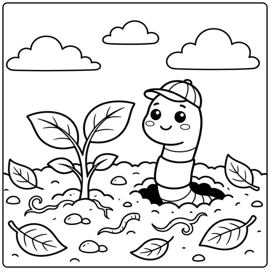 Schattige kleurplaat worm die uit de tuinaarde kruipt.