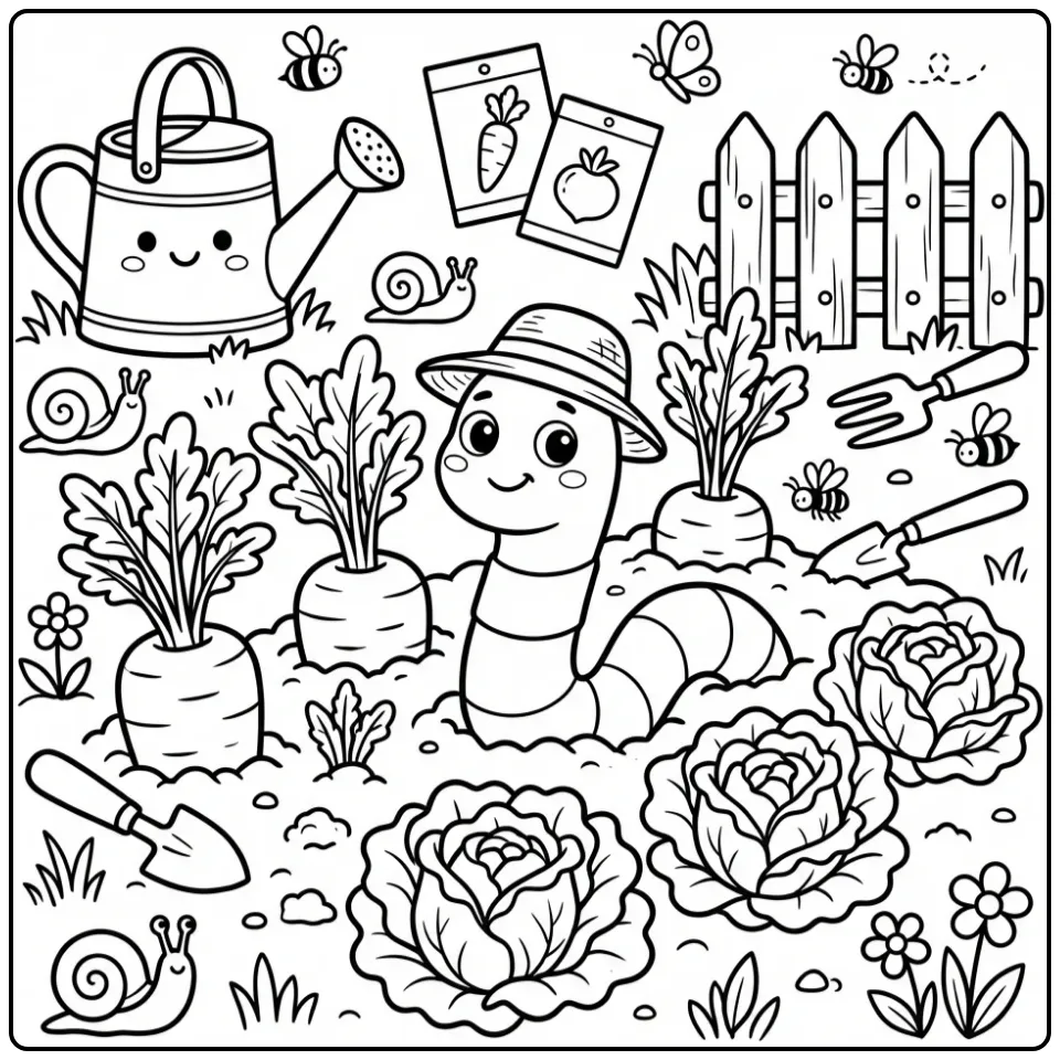 Schattige kleurplaat worm tussen de wortels.