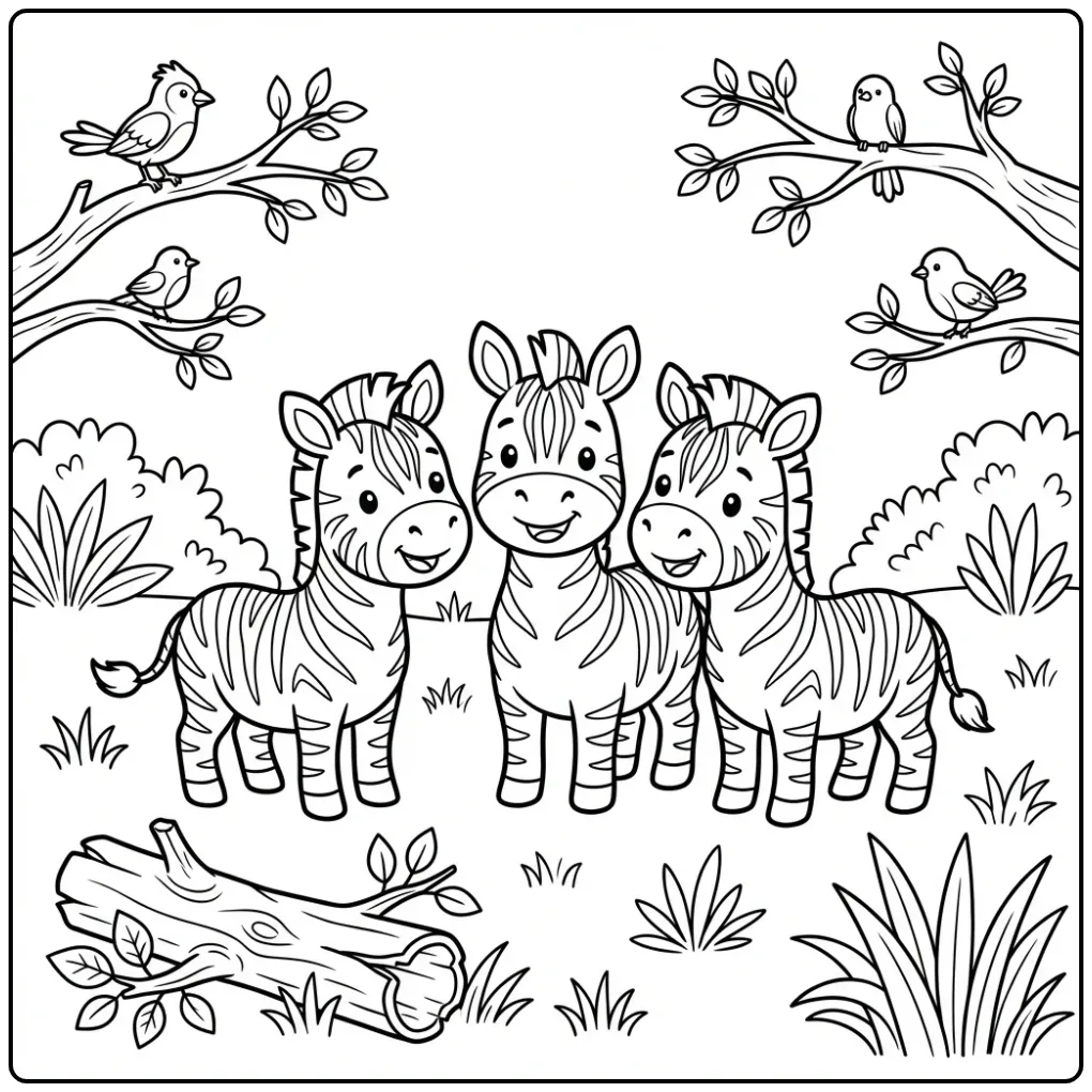 Mooie kleurplaat zebra met een kleine kudde in de natuur.