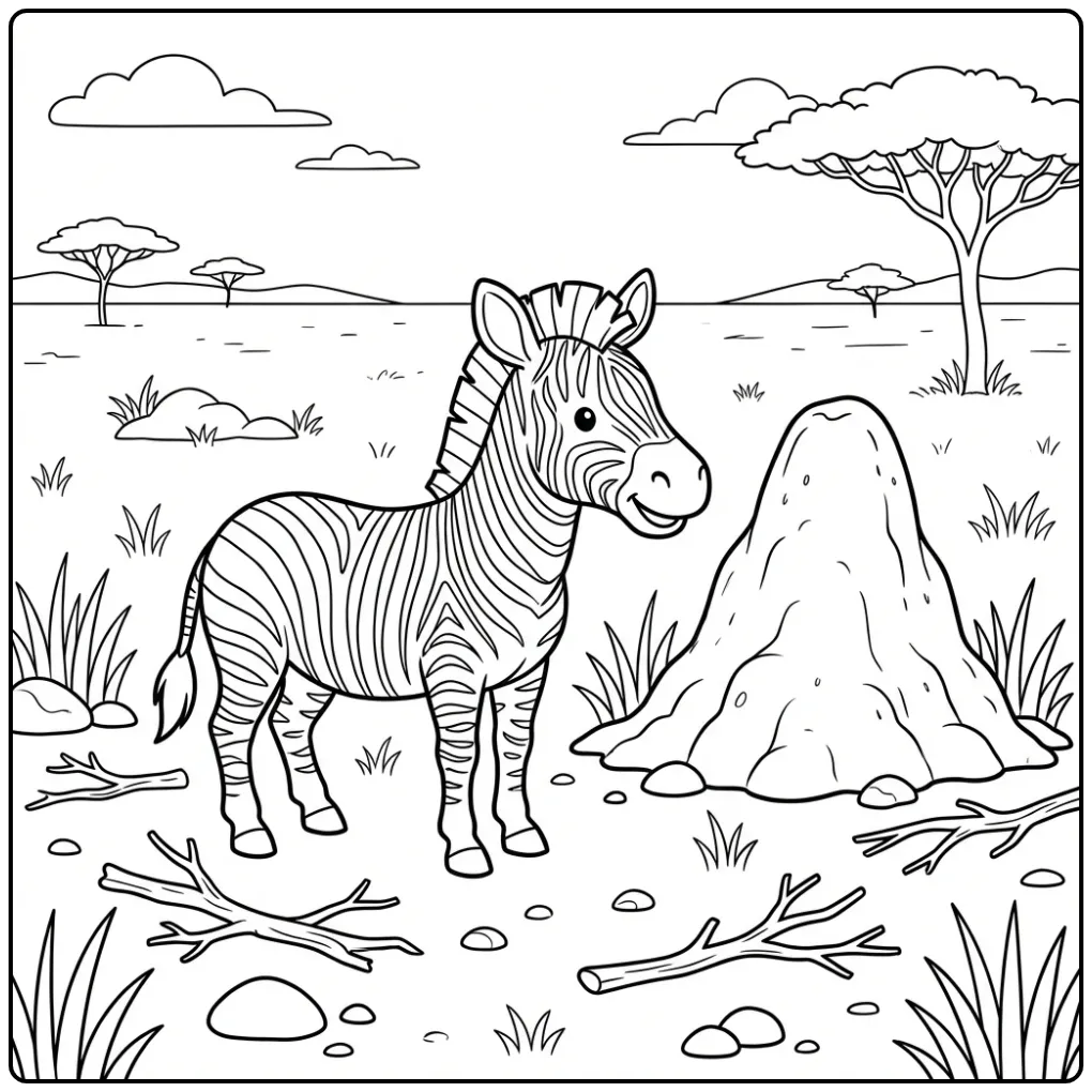 Een schattige kleurplaat zebra bij een termietenheuvel en gras.