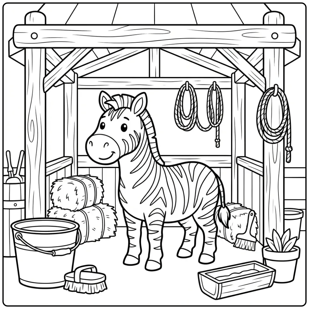 Een schattige kleurplaat zebra in een stal op de kinderboerderij.