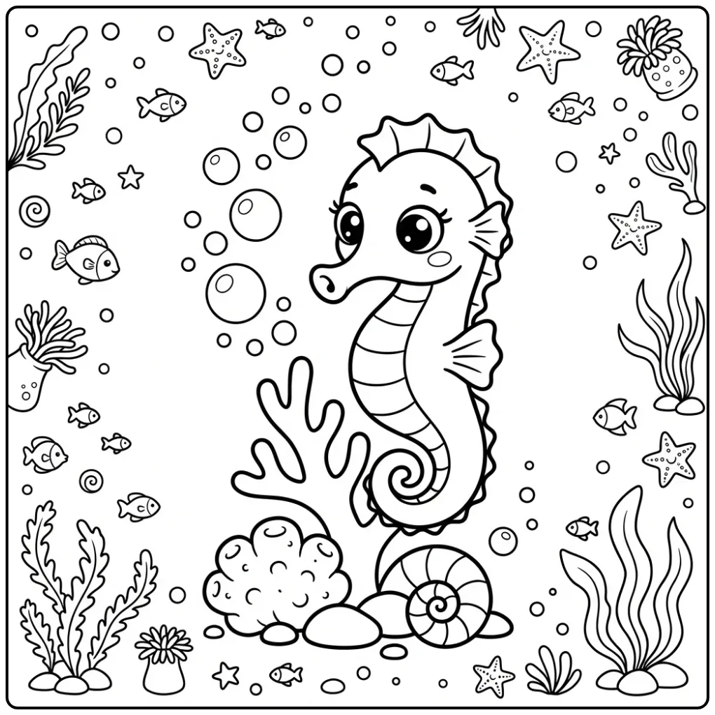 Schattige kleurplaat zeepaardje krullend om koraal met bubbels
