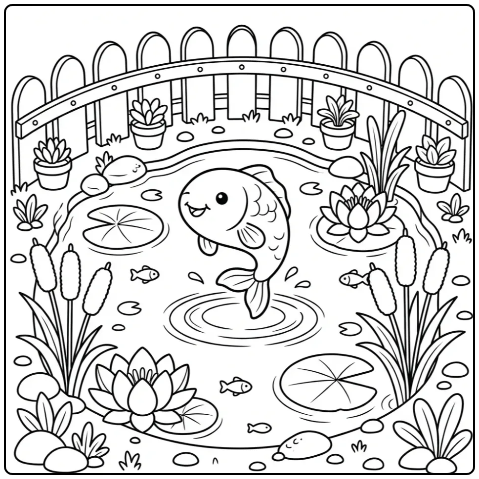 Springende koi karper kleurplaat met lotusbloemen en hek.