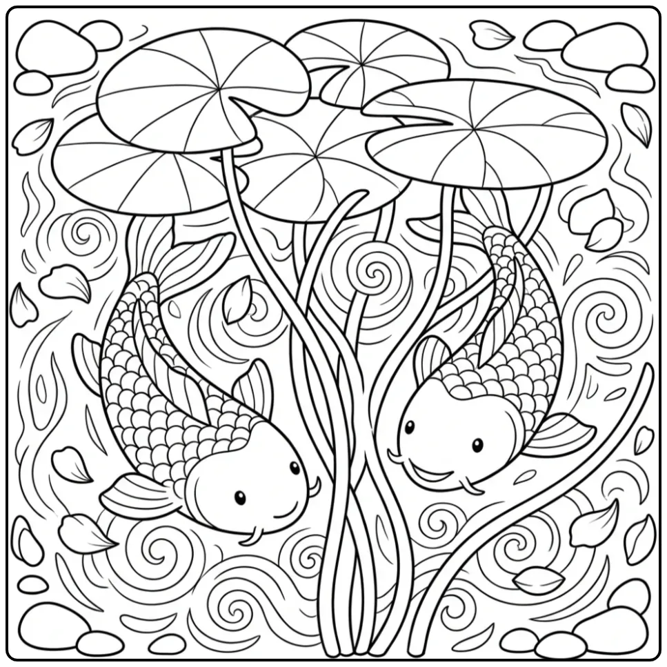 Zwemmende vissen in deze koi karper kleurplaat.