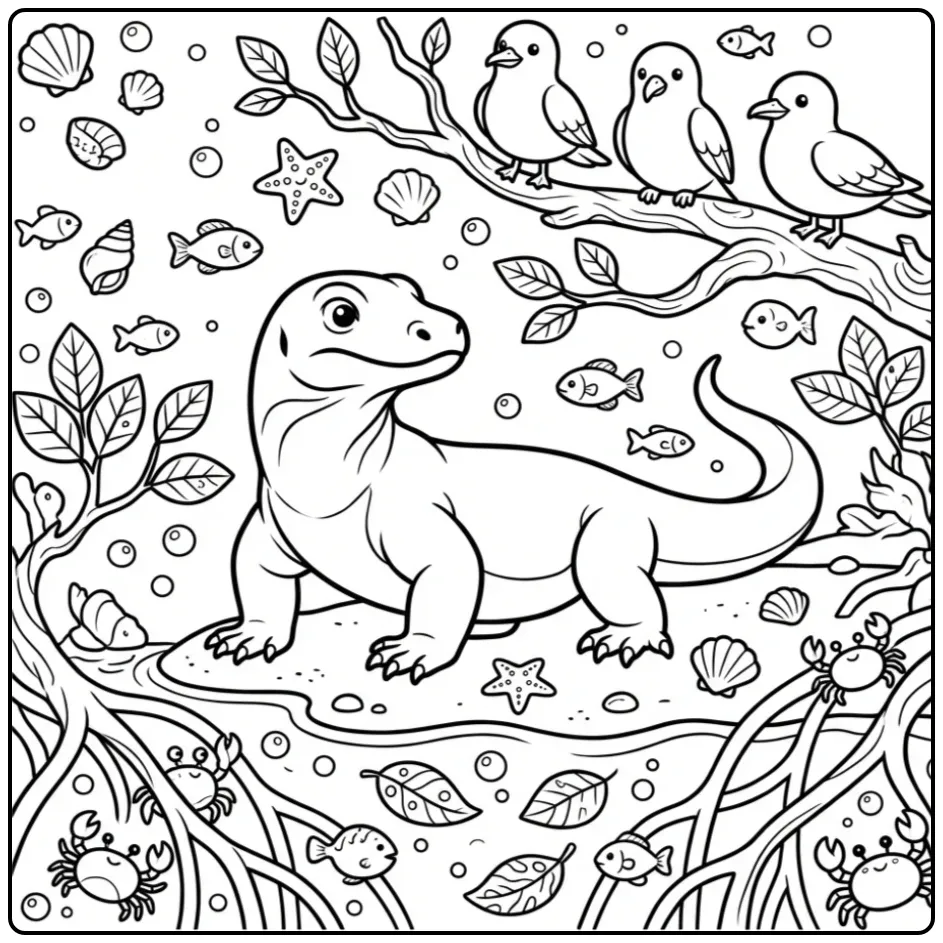 Schattige komodovaraan kleurplaat in een mangrovebos.