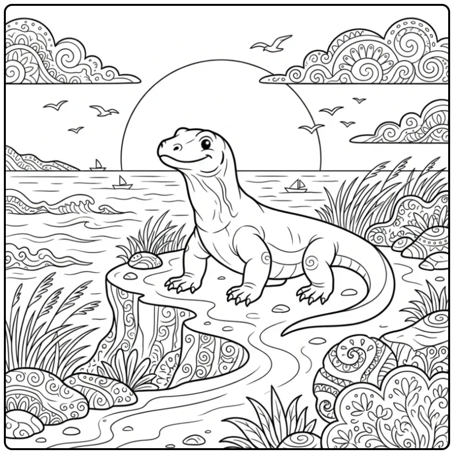 Een schattige komodovaraan kleurplaat op een klif bij zonsondergang.