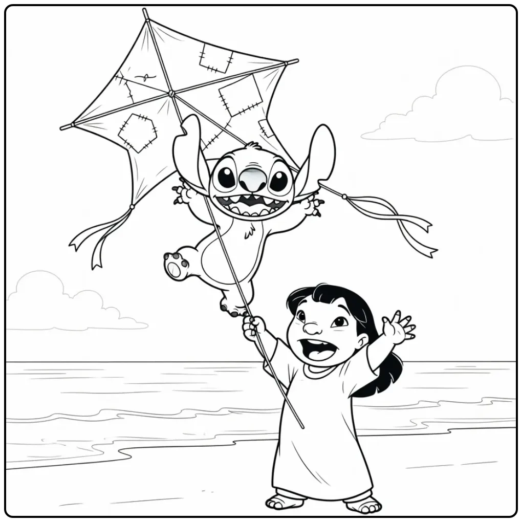 Vrolijke lilo en stitch kleurplaat spelend met vlieger