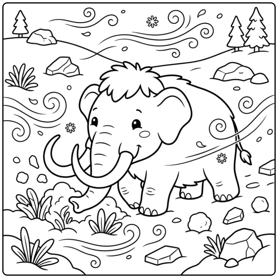 Schattige mammoet kleurplaat gravend naar planten in sneeuw.