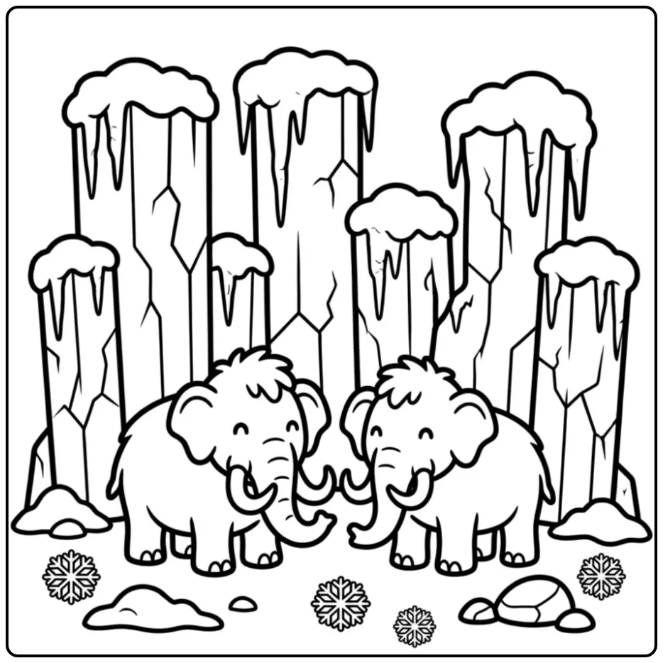 Schattige mammoet kleurplaat tussen grote ijspilaren.