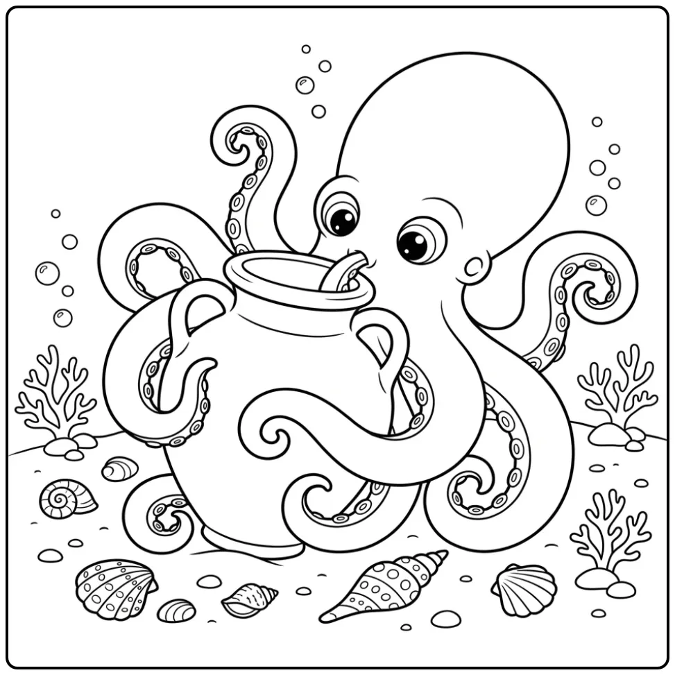 Octopus kleurplaat die nieuwsgierig in een amfora pot kijkt.