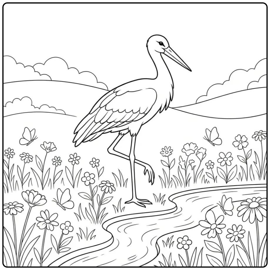 Ooievaar kleurplaat staand op één been in de natuur.