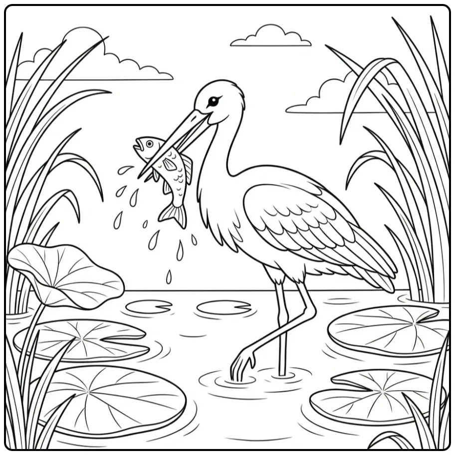 Mooie ooievaar kleurplaat in het water die een vis vangt.