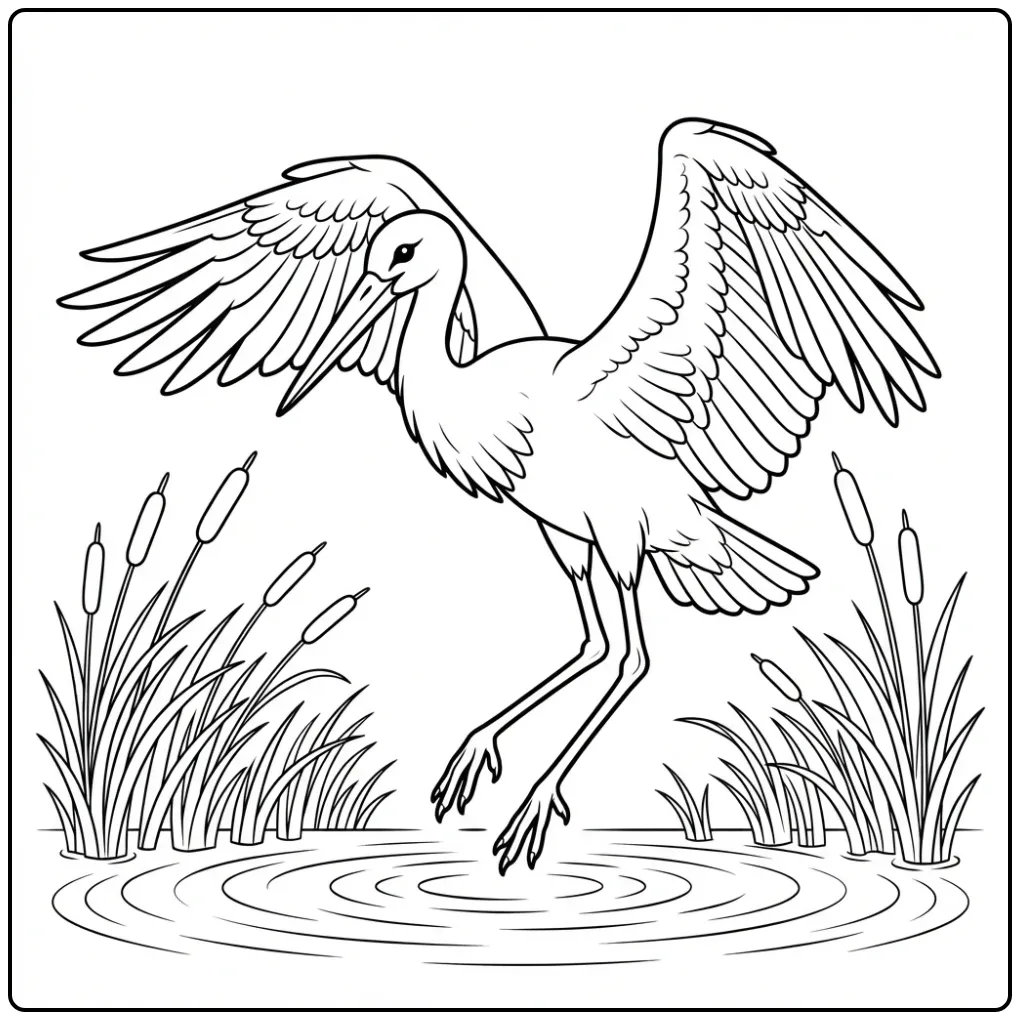 Landende ooievaar kleurplaat in water met riet.