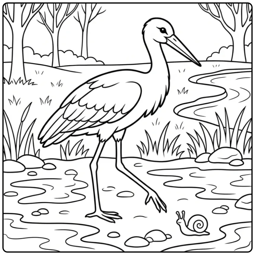 Wandelende ooievaar kleurplaat langs de rivier met regen.