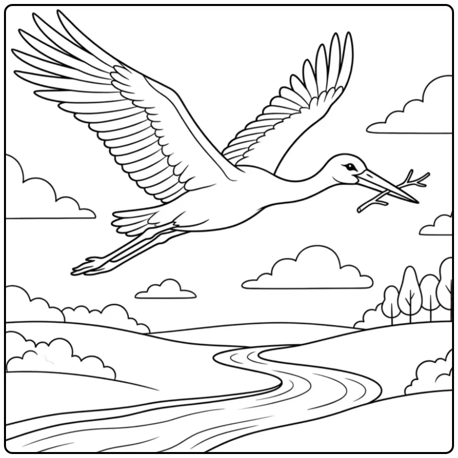 Vliegende ooievaar kleurplaat boven een kronkelende rivier.
