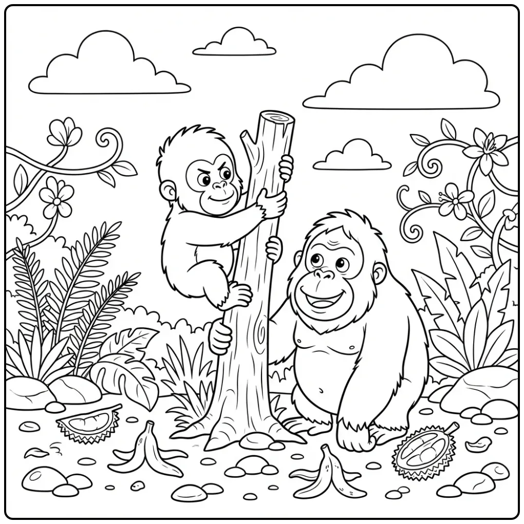 Schattige orang oetan kleurplaat van baby die leert klimmen.