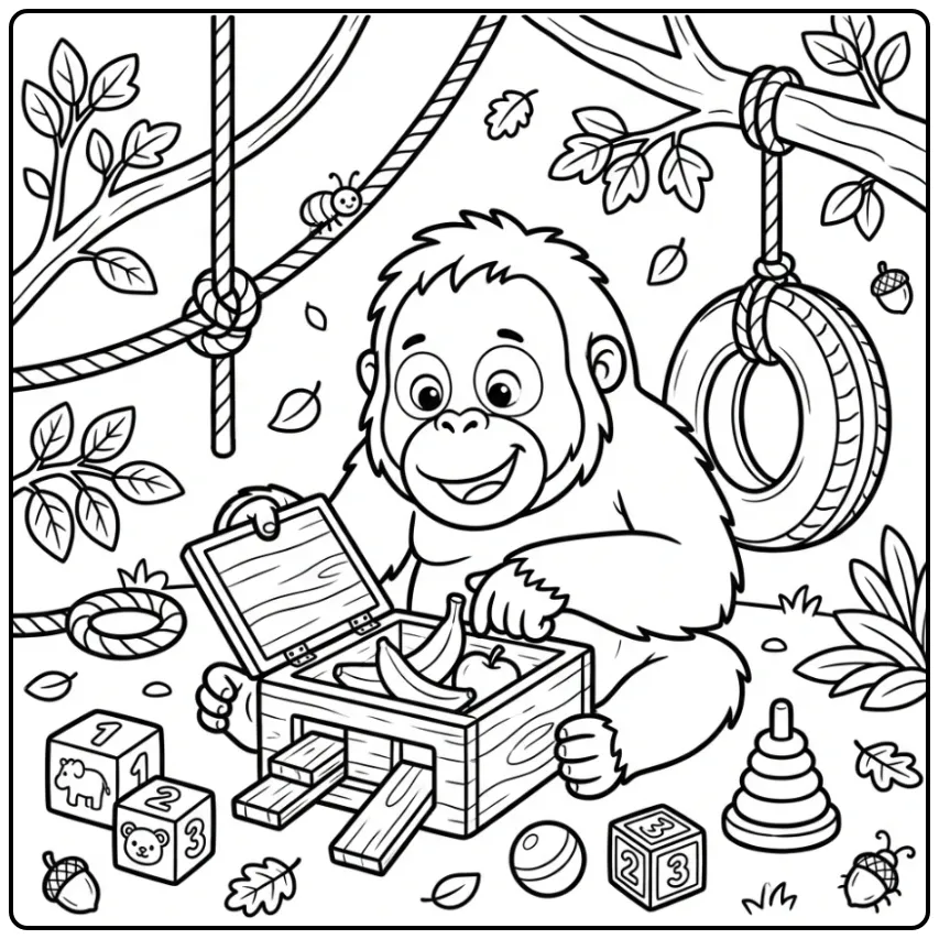 Schattige orang oetan kleurplaat met een puzzeldoos.
