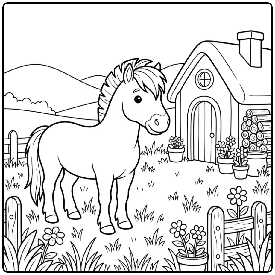 Een schattige paarden kleurplaat fjord bij een hutje en bloemen.