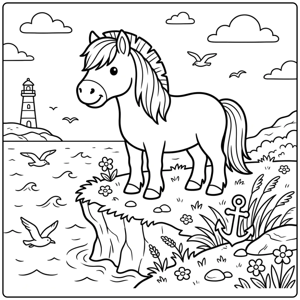 Een schattige paarden kleurplaat fjord op een klif bij zee.