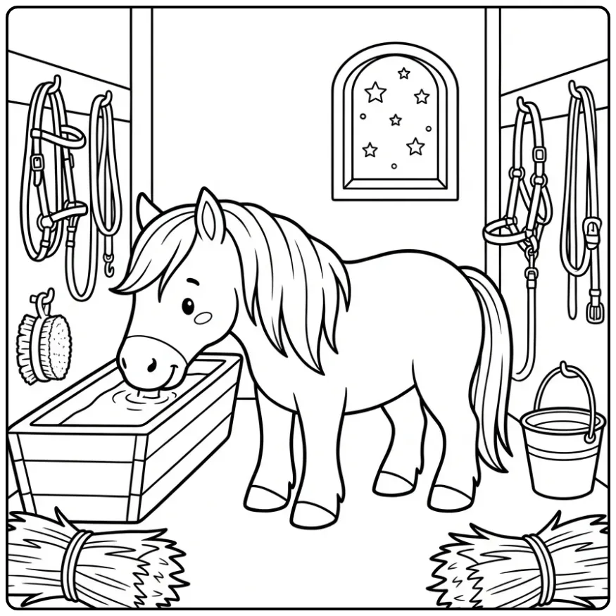 Paarden kleurplaat fries drinkend in een stal met sterren.