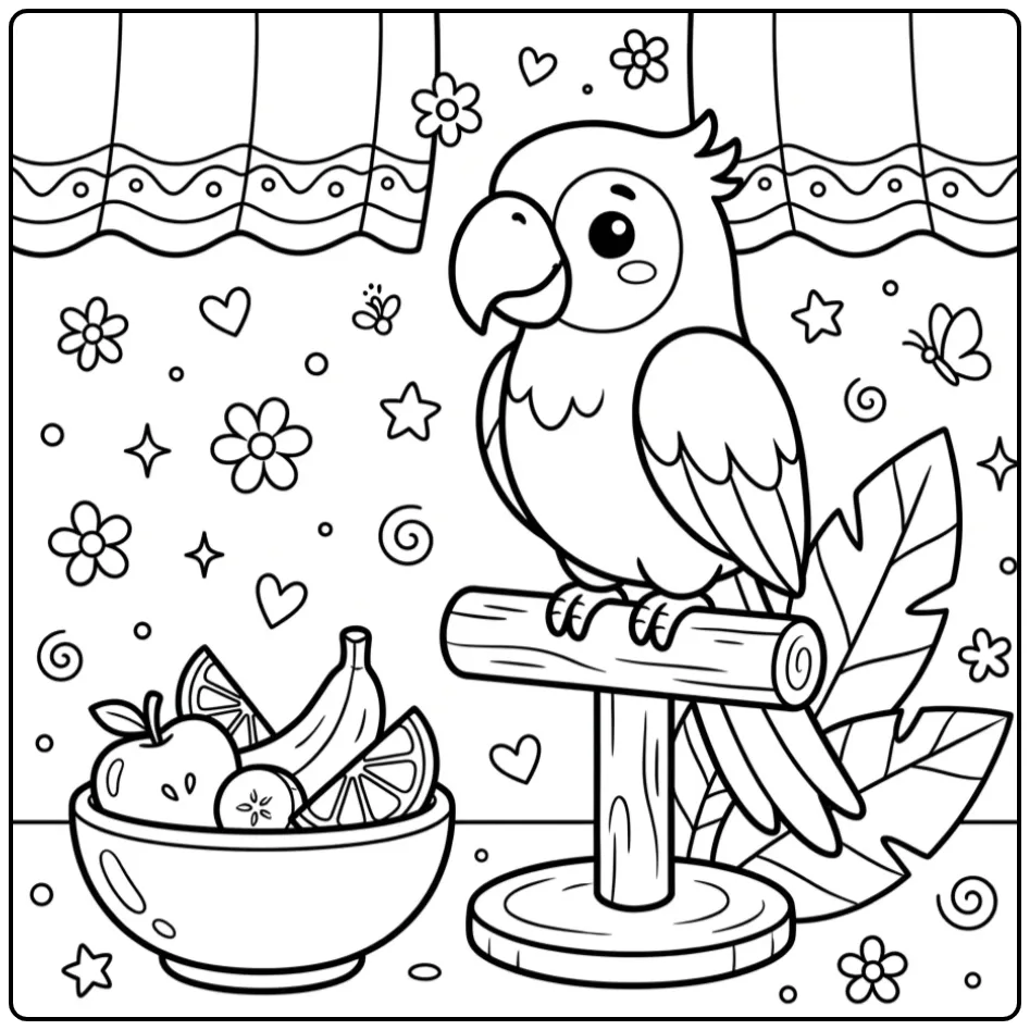 Schattige papegaai kleurplaat makkelijk met fruit en stand.