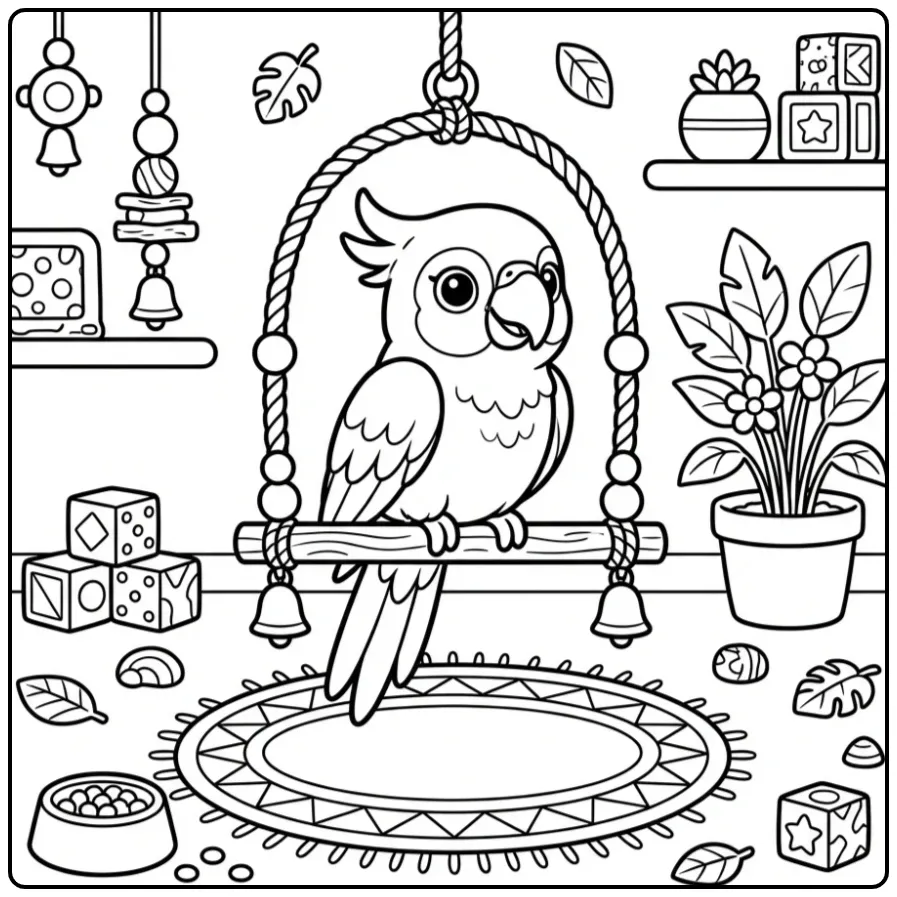 Schattige papegaai kleurplaat makkelijk op een schommel.
