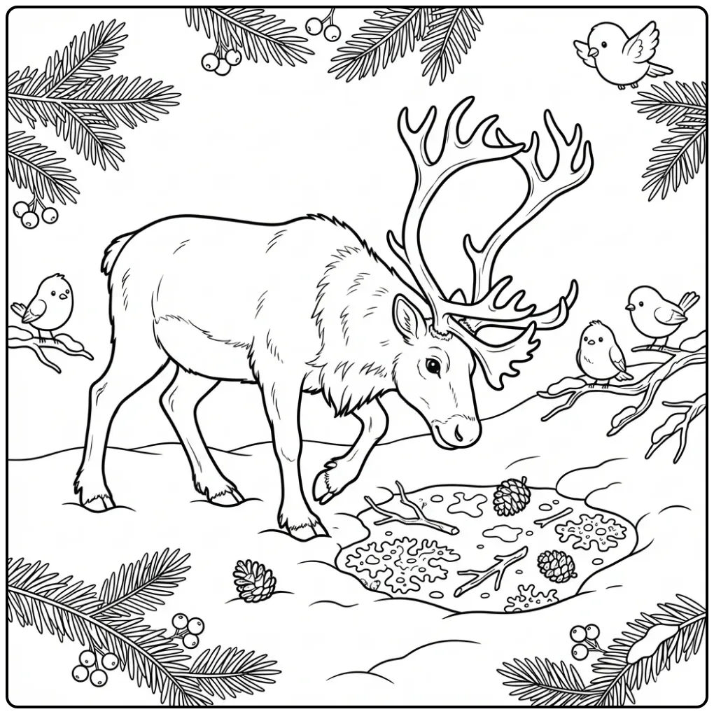 Grappige rendier kleurplaat in sneeuw met vogeltjes erbij.