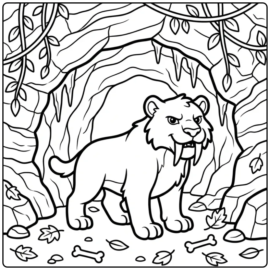 Stoere sabeltandtijger kleurplaat bij een ijzige grot.