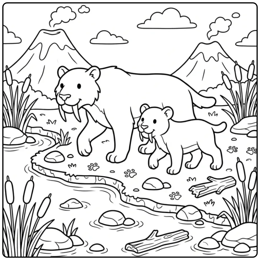 Sabeltandtijger kleurplaat met twee smilodons bij de rivier.