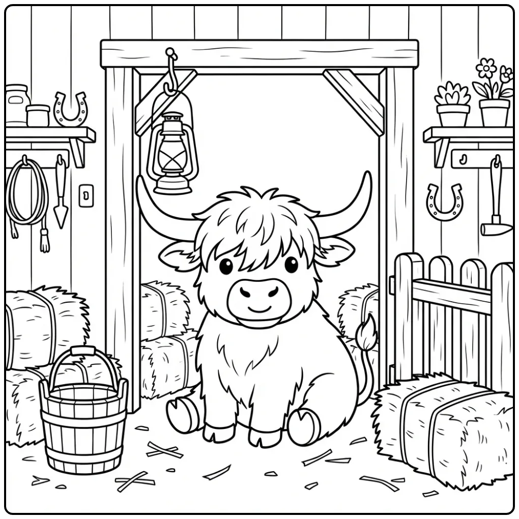 Een schattige schotse hooglander kleurplaat in een stal.