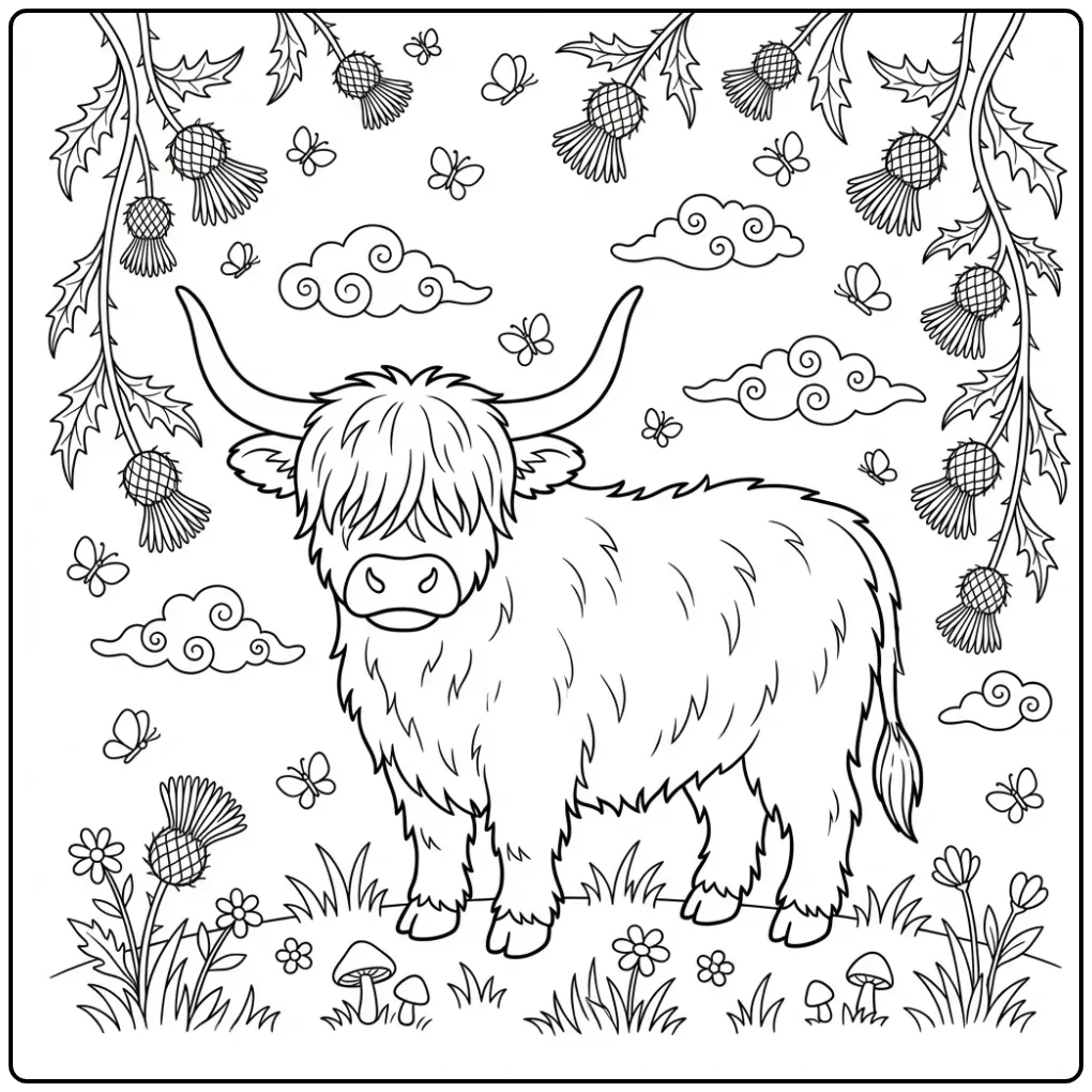 Schattige schotse hooglander kleurplaat met distels.