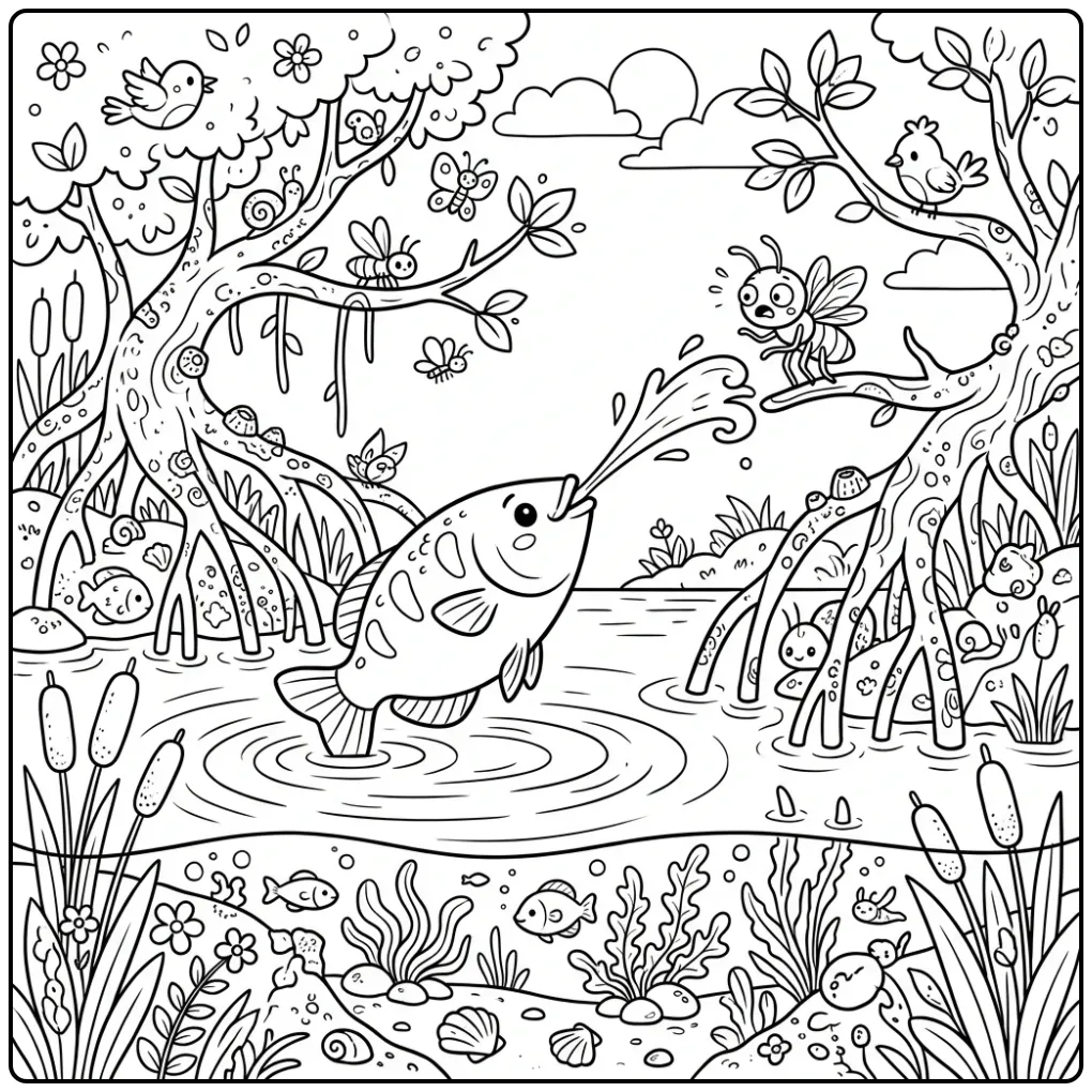 Schattige kleurplaat vis spuugt waterstraal naar vlieg.