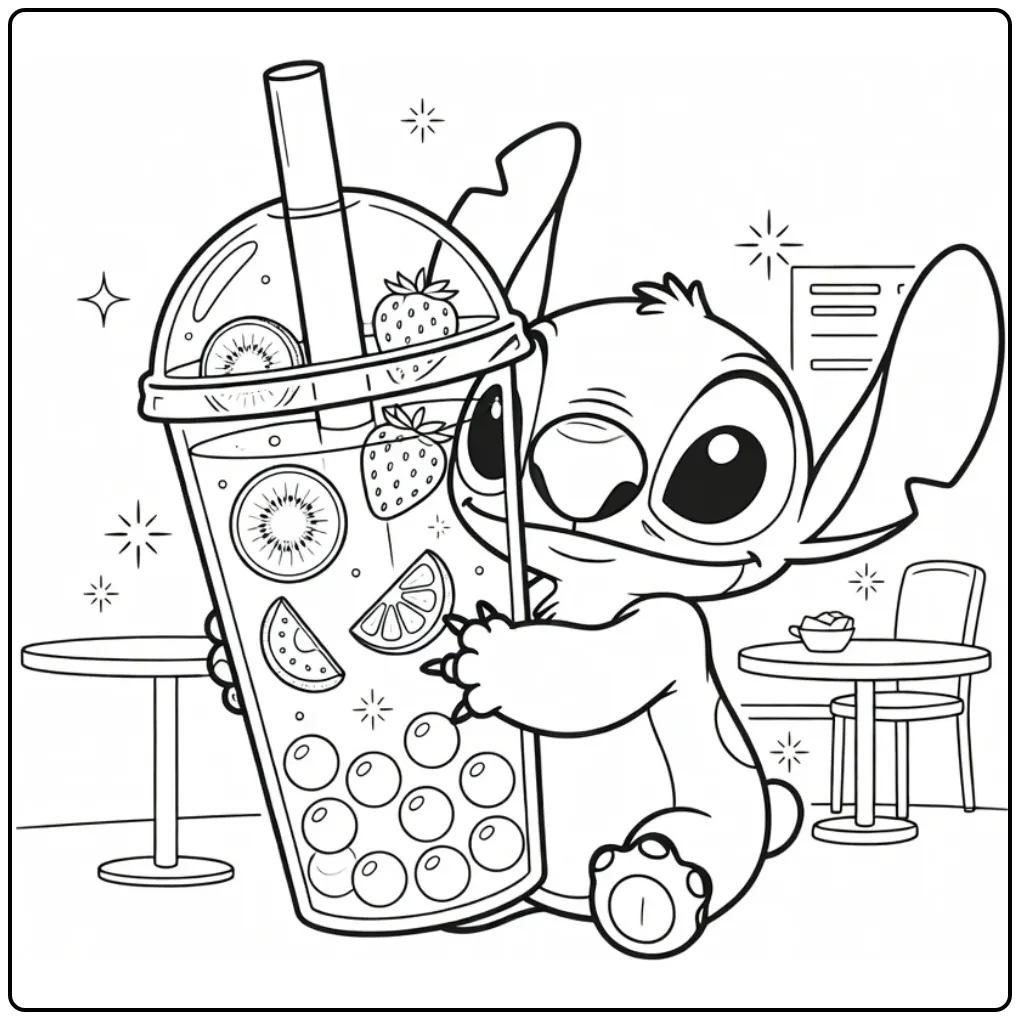 Schattige stitch bubble tea kleurplaat met grote beker.