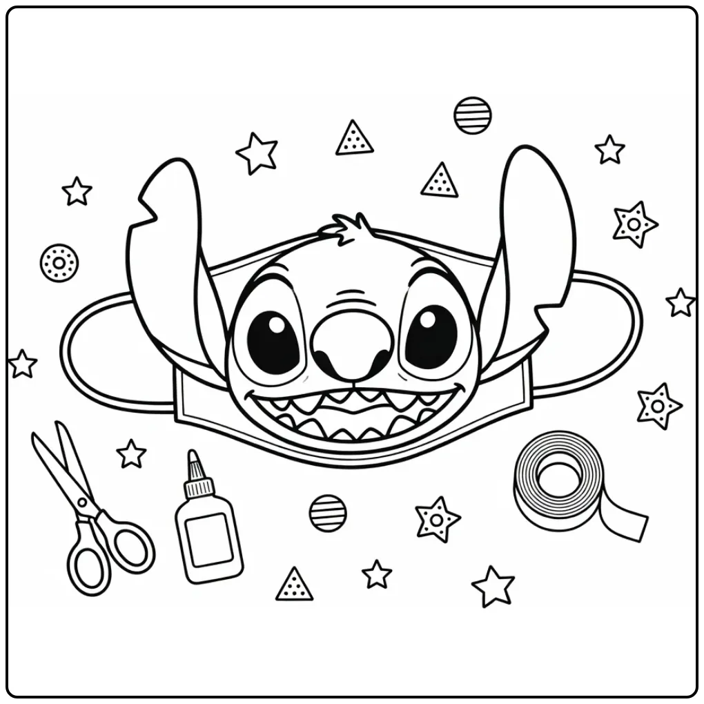 Een creatieve stitch masker kleurplaat met schaar en lijm