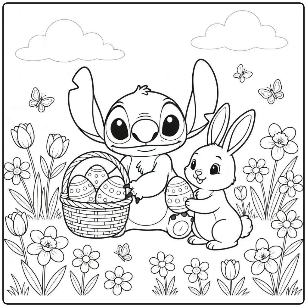 Vrolijke stitch pasen kleurplaat met mandje en bloemen.