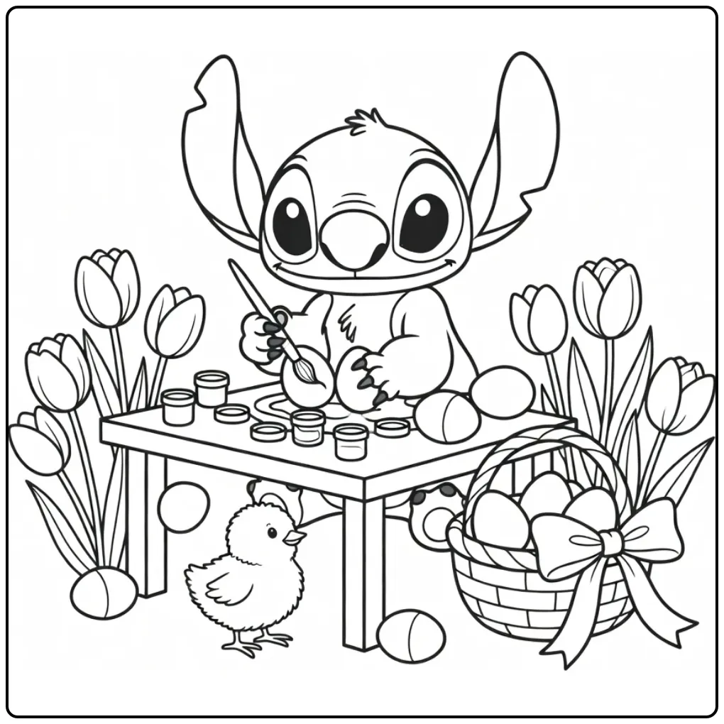 Vrolijke stitch pasen kleurplaat met eieren en tulpen.