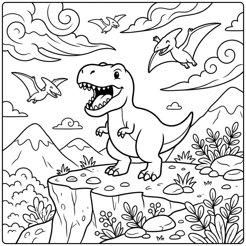 Een stoere T rex kleurplaat brullend op een rotsige berg.