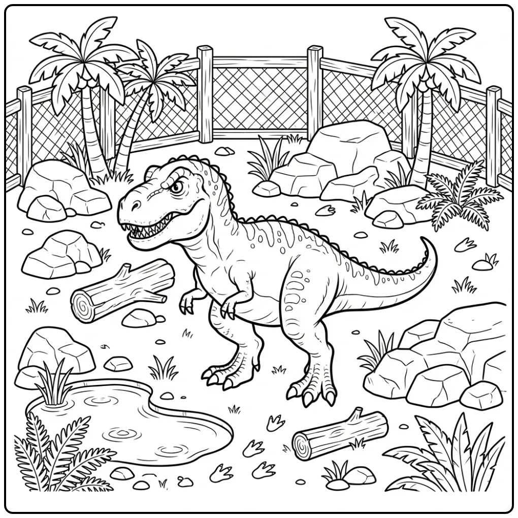 Schattige T rex kleurplaat in een dierentuin met vijver.