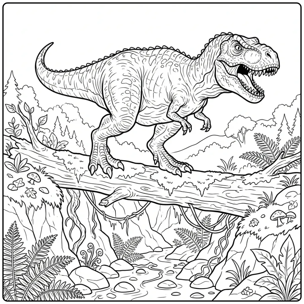 Avontuurlijke T rex kleurplaat op een boomstam.