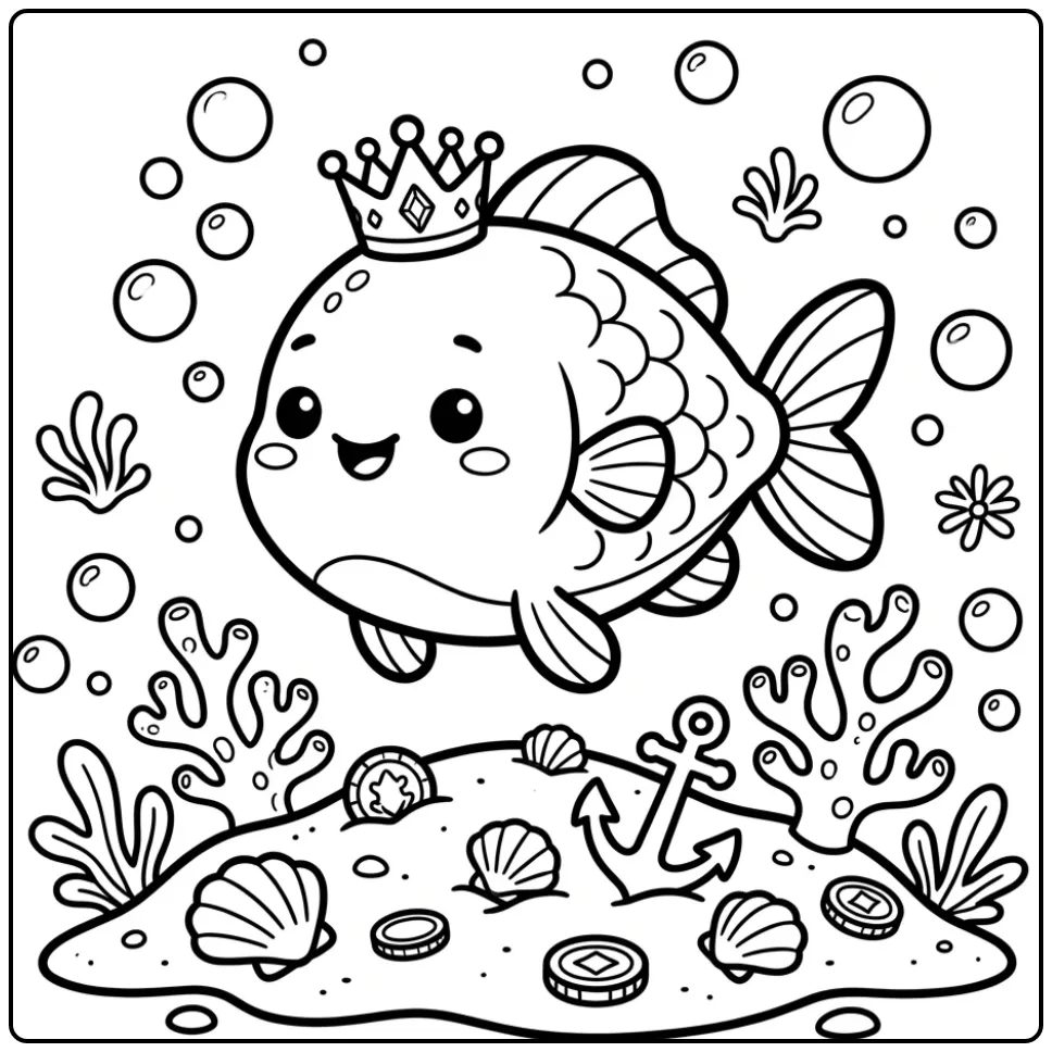 Een schattige vis kleurplaat simpel met een kroontje op.
