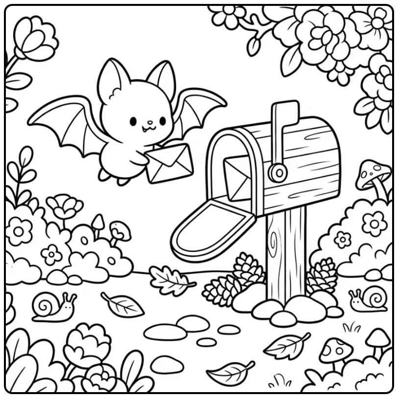 Schattige vleermuis kleurplaat die een brief post in het bos.