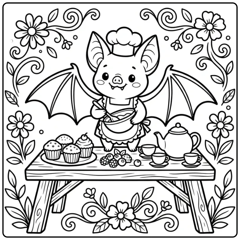 Schattige vleermuis kleurplaat als kok met lekkere cupcakes.
