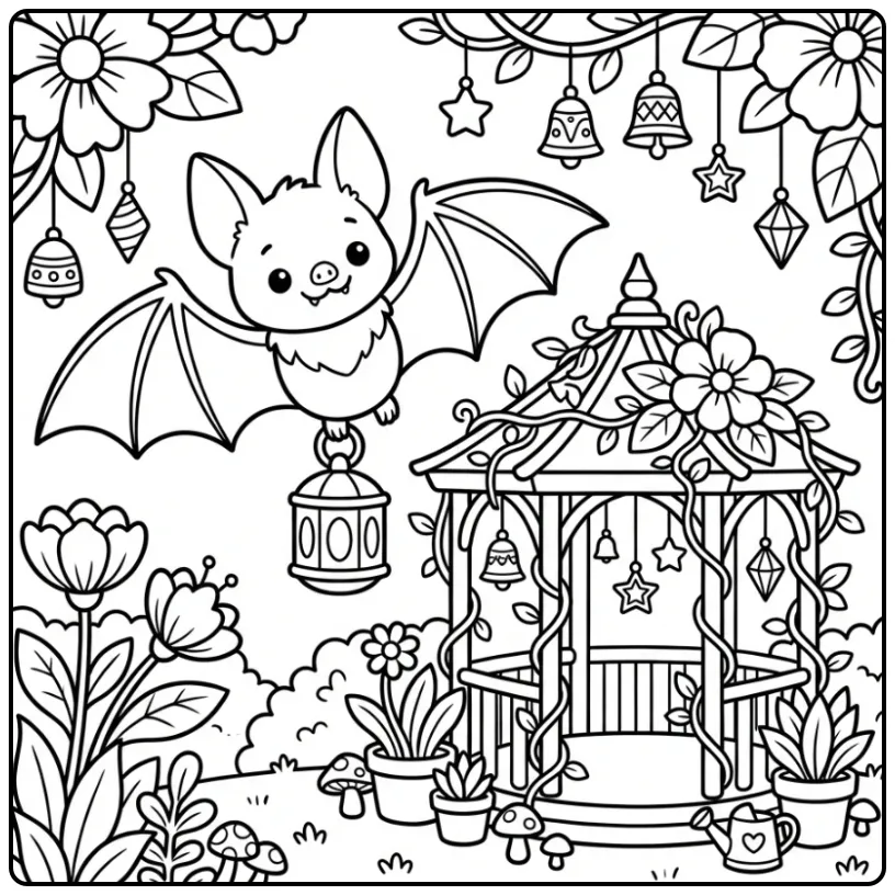 Schattige vleermuis kleurplaat in een tuin bij een prieel.