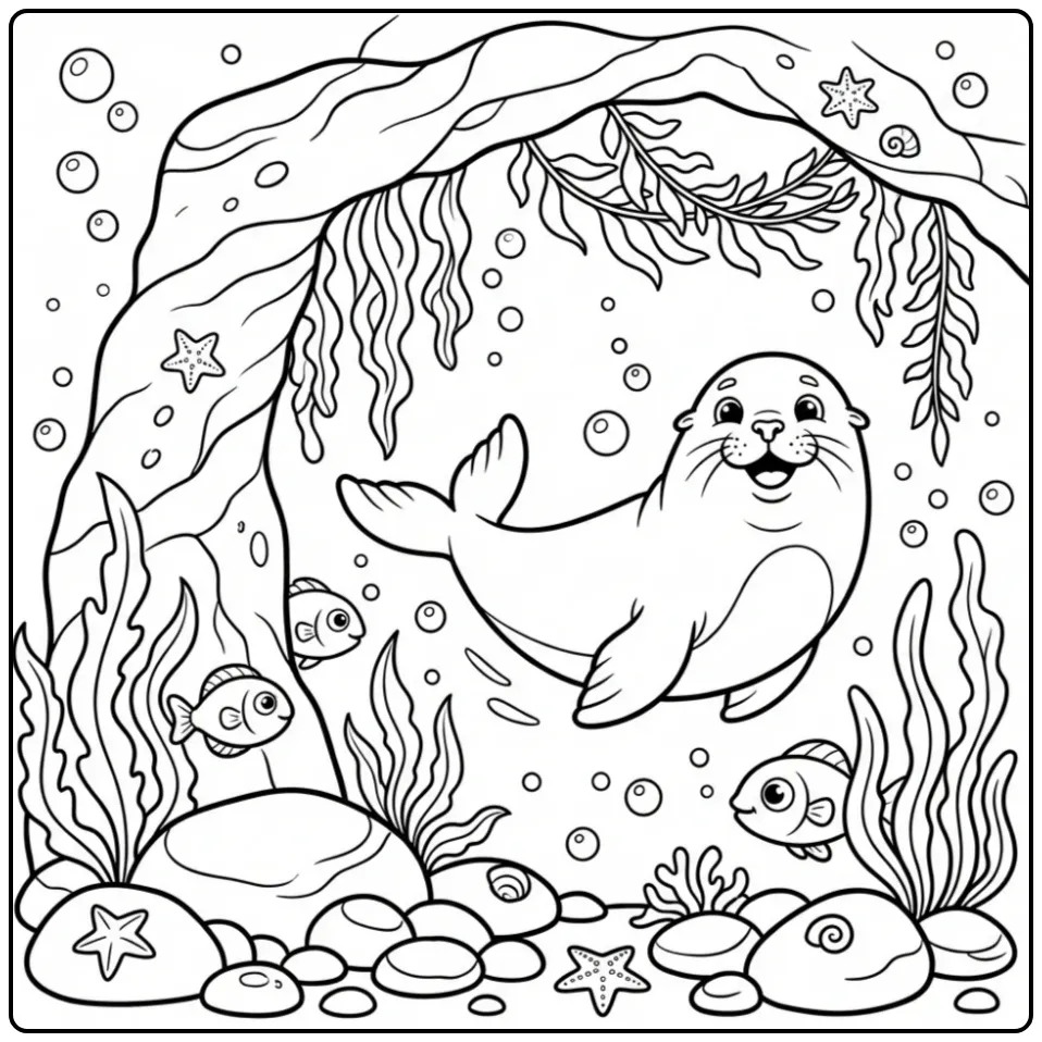 Zwemmende zeeleeuw kleurplaat met vissen en zeewier.