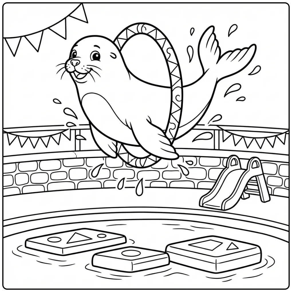 Vrolijke zeeleeuw kleurplaat springt door een hoepel in de zoo.