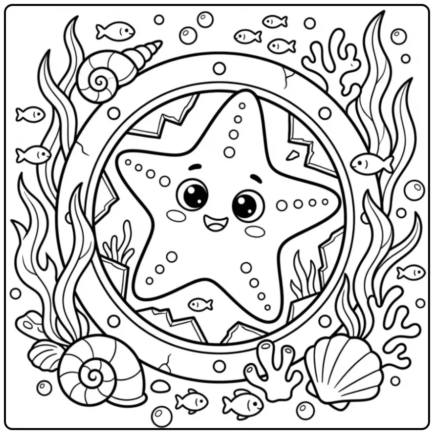 Grappige zeester kleurplaat met vissen en zeewier.